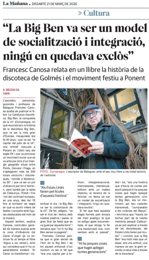 Horitzons2050's tweet photo. BIG BEN. El director de la revista #horitzons , @francesccanosa, ha escrit un llibre que posa al seu lloc de la història l’impacte social, econòmic i territorial que va suposar la discoteca Big Ben. “La Catalunya discoteca” (Comanegra) ja circula per les llibreries. https://t.co/Z3ZnCPdzFx