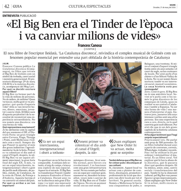 Horitzons2050's tweet photo. BIG BEN. El director de la revista #horitzons , @francesccanosa, ha escrit un llibre que posa al seu lloc de la història l’impacte social, econòmic i territorial que va suposar la discoteca Big Ben. “La Catalunya discoteca” (Comanegra) ja circula per les llibreries. https://t.co/Z3ZnCPdzFx