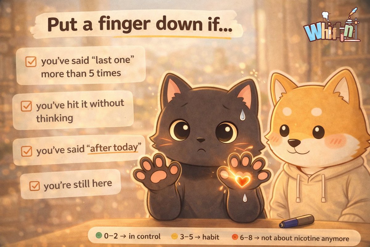 Put a finger down: 🚭 Nicotine edition

👉 you said “last one” and immediately took another
👉 you don’t remember deciding to do it
👉 you’ve paused mid-conversation just to hit it
👉 you’ve gone out just to get one
👉 you felt lowkey irritated when you didn’t have it
👉 you’ve