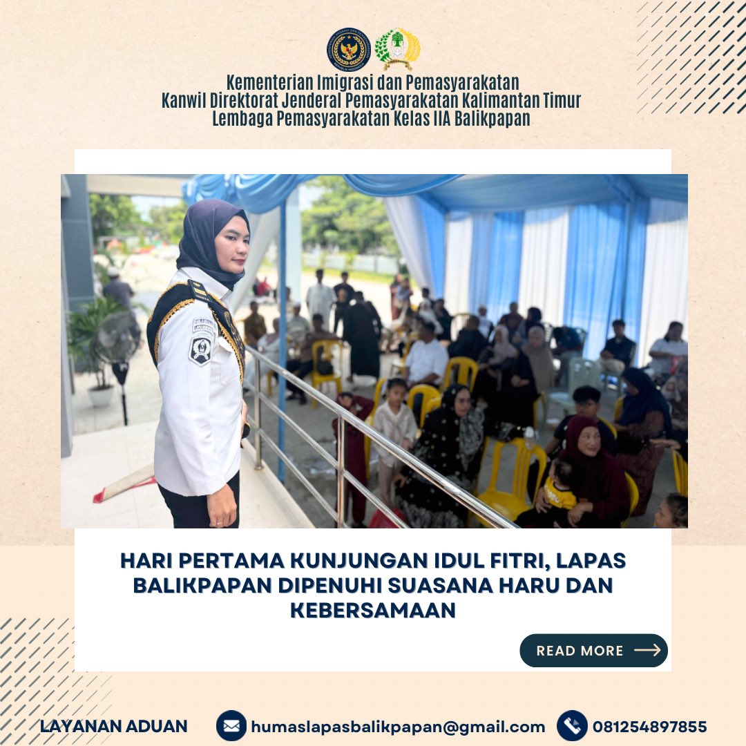 LapasBalikpapan's tweet image. Hari pertama kunjungan Idul Fitri di Lapas Balikpapan penuh haru dan kebahagiaan 
Momen silaturahmi jadi penyemangat bagi warga binaan untuk terus berubah lebih baik.

#kemenimipas #guardandguide #infoimipas #pemasyarakatan #balikpapan #astakubrata #lapasbalikpapan