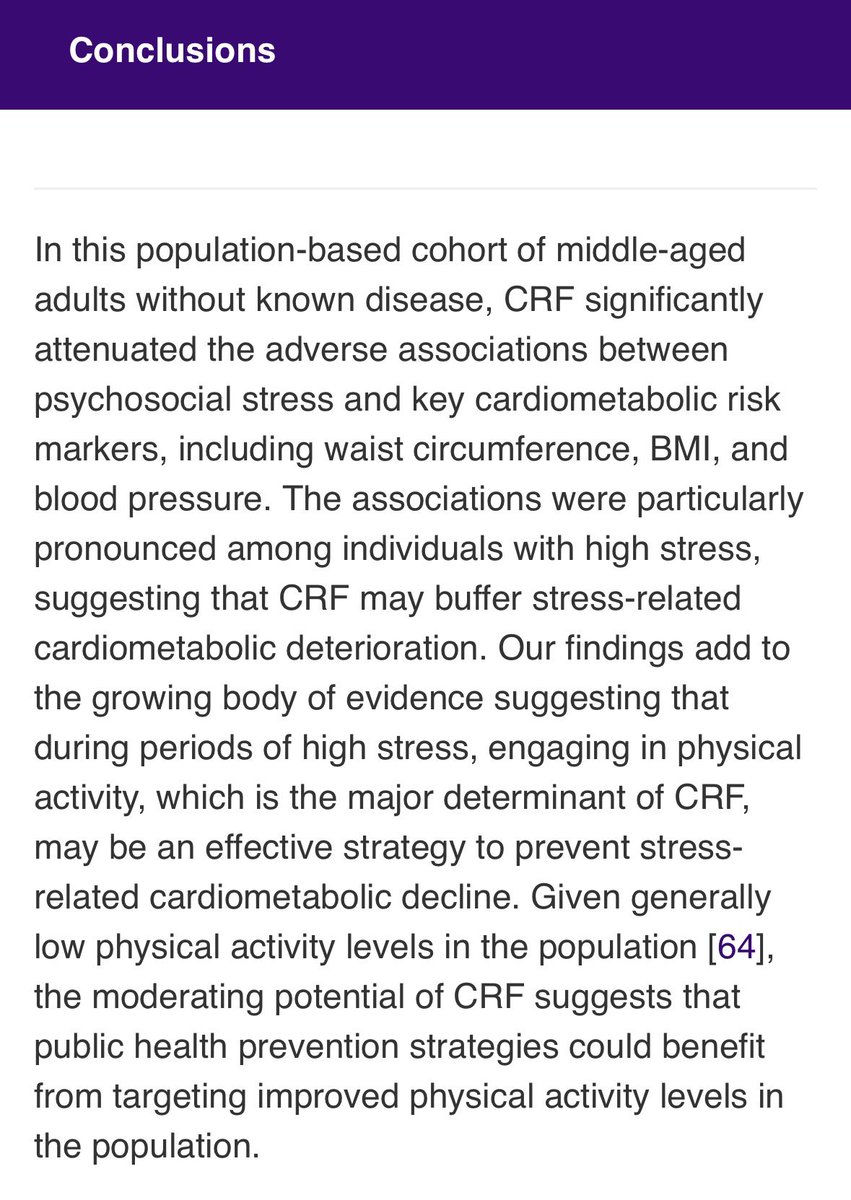 New study further demonstrates the stress-buffering role of high aerobic fitness. 

Main finding: 

Mental stress is less damaging to cardiometabolic health if you’re aerobically fit. 

Aerobic exercise = stress management