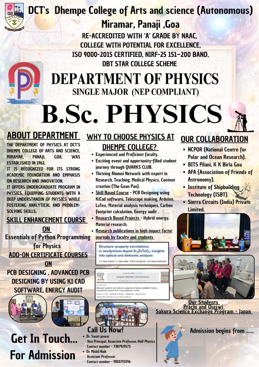 🔬Explore the laws that govern the universe with the Dept of Physics at Dhempe College.

With well-equipped laboratories, experienced faculty &amp; opportunities for research, projects &amp; skill development, students are prepared for diverse careers in science technology &amp; beyond.✨️