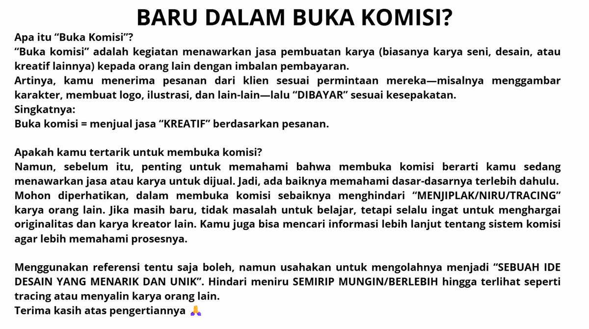 NanamiChalichia's tweet photo. Kamu baru dalam dunia Komisi?
"Gatau apa apa soal dunia Komisi"
"Gatau aturan dan Batasan dalam dunia komisi"

Sini aku jelasin dengan baik dan halus ya ^^ 
Tetap semangat ya buat yang baru dalam dunia komisi.
Jadi Perlu diperhatikan lagi ya agar tidak terkesan TRACING dimata org https://t.co/mt4BDXyCmS