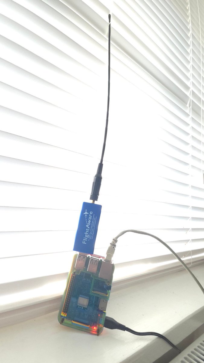 M5Jfs's tweet image. Resurrected an old #RaspberryPi Model 3; now set up as a #FlightAware receiver. Quick lash-up propped up in an east facing window at the front of the house with a 70cm flexible whip antenna to prove it's working. Next step will be to construct an antenna for 1090MHz.