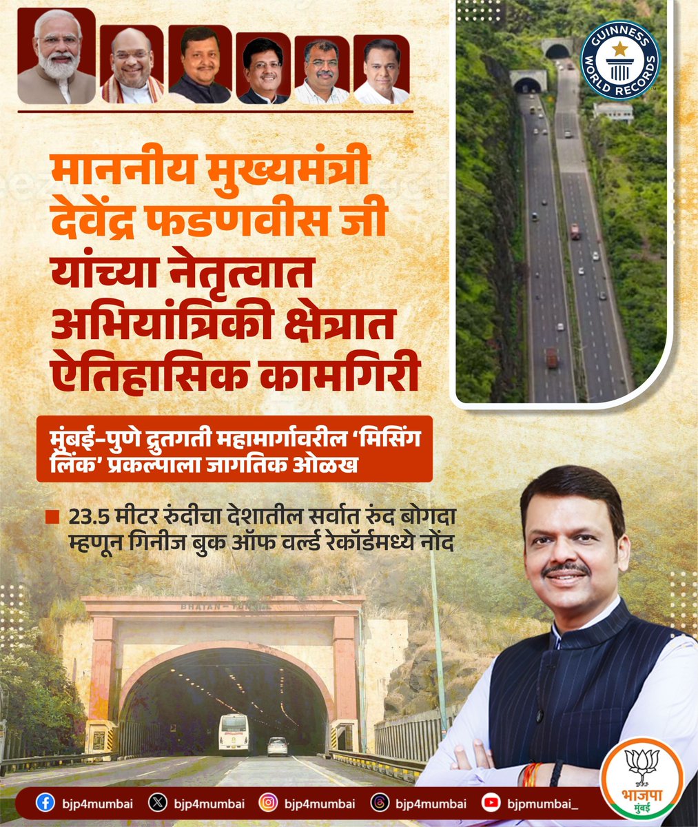 BJP4Mumbai's tweet photo. माननीय मुख्यमंत्री @Dev_Fadnavis जी यांच्या नेतृत्वात अभियांत्रिकी क्षेत्रात ऐतिहासिक कामगिरी! 

मुंबई-पुणे द्रुतगती महामार्गावरील 'मिसिंग लिंक' प्रकल्पाला जागतिक ओळख

23.5 मीटर रुंदीचा देशातील सर्वात रुंद बोगदा म्हणून गिनीज बुक ऑफ वर्ल्ड रेकॉर्डमध्ये नोंद https://t.co/d7pSNXt8Nz