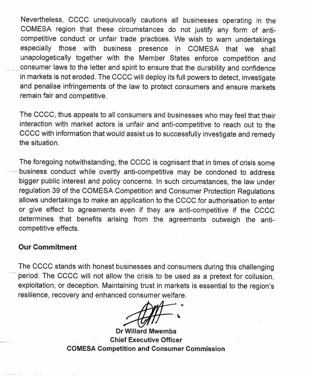 CCCC_COMESA's tweet photo. #MiddleEastcrisis #anticompetitivepractices #Pressrelease #CCCC #quadC
COMESA Competition and Consumer Commission (CCCC) warns against anti-competitive conduct and unfair trade practices amid Middle East crisis.
#unfairtradepractices #consumerprotection #COMESA #COMESARegion #CommonMarket #COMESAMemberStates #Burundi #Comoros #Djibouti #DRC #Egypt #Eritrea #ESwatini #Ethiopia #Kenya #Libya #Madagascar #Malawi #Mauritius #Rwanda #Seychelles #Somalia #SouthAfrica #Sudan #Tunisia #Uganda #Zambia #Zimbabwe