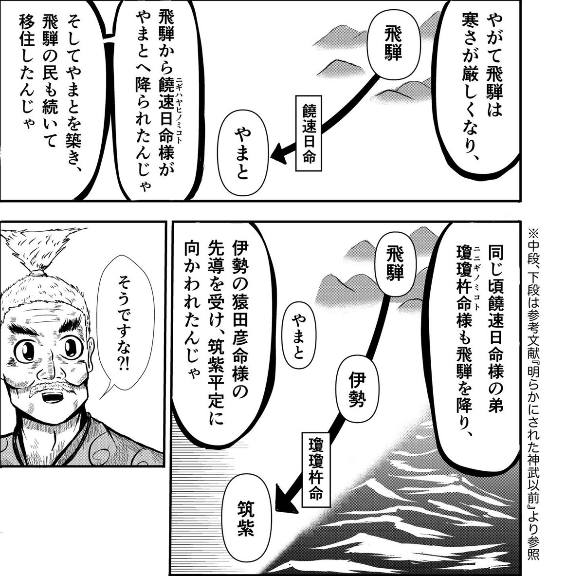 漫画りりす
『八衢』
6,000年前岐阜県大垣まで海
2,500年前海津市まで海
古事記に猿田彦命が
「天の八衢に居て上は高天原を光らし下は葦原中国を光らす神」と登場し瓊瓊杵尊を先導する話があります
古代飛騨を降り鈴鹿方面を見ると
いく本の川が流れ
それを八衢とする話があります
#飛騨の口碑
