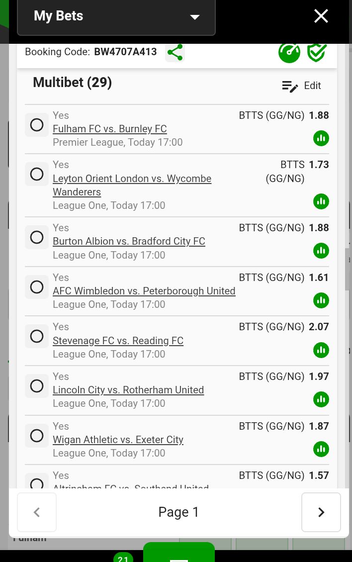 ThaboMakgobi's tweet image. Saturday #PowerHour - 17:00.

29 Legs, 4 Million Odds, Straight  BTTS (Yes).  If you want, you may convert some to over 1.5 / 2.5 goals.

BW4707A413