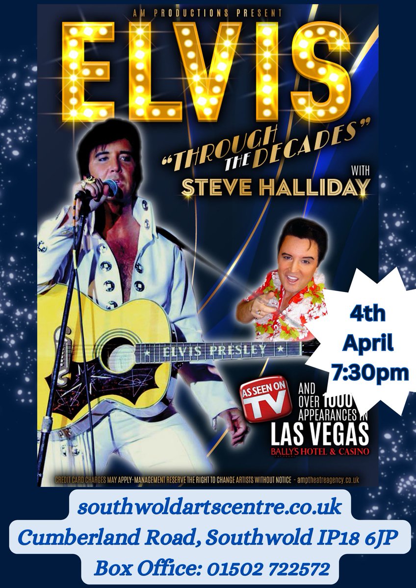 ArtsSouthwold's tweet photo. 🔥ELVIS🔥SATURDAY 4TH APRIL
ELVIS. Through the Decades will take you on a roller coaster ride, so whichever is your preference 50’s, 60’s or 70’s come along join in the fun.
A must see, because not only is Elvis in abundance Steve Halliday will be joined by a Guest at every show! https://t.co/twxVrmX5OX