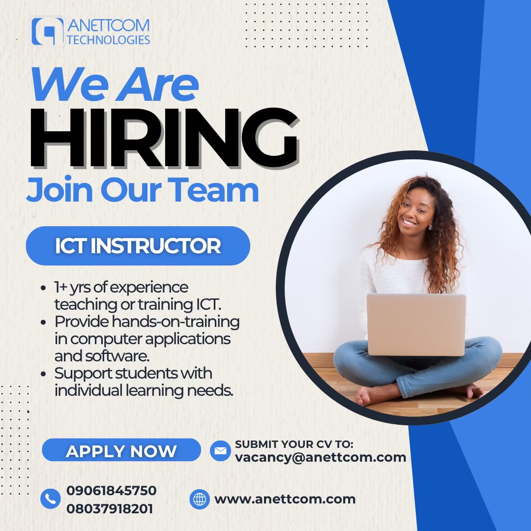 🚨 We’re Hiring at Anettcom Technologies!

Are you skilled and ready to grow your career?
We’re currently hiring for role of ICT Instructor.
Join a fast-growing tech academy and work with a dynamic team.

📍Osogbo (Onsite)

Apply now👇
📩 vacancy@anettcom.com

<a href="/InsideOsogbo/">Inside Òṣogbo</a>