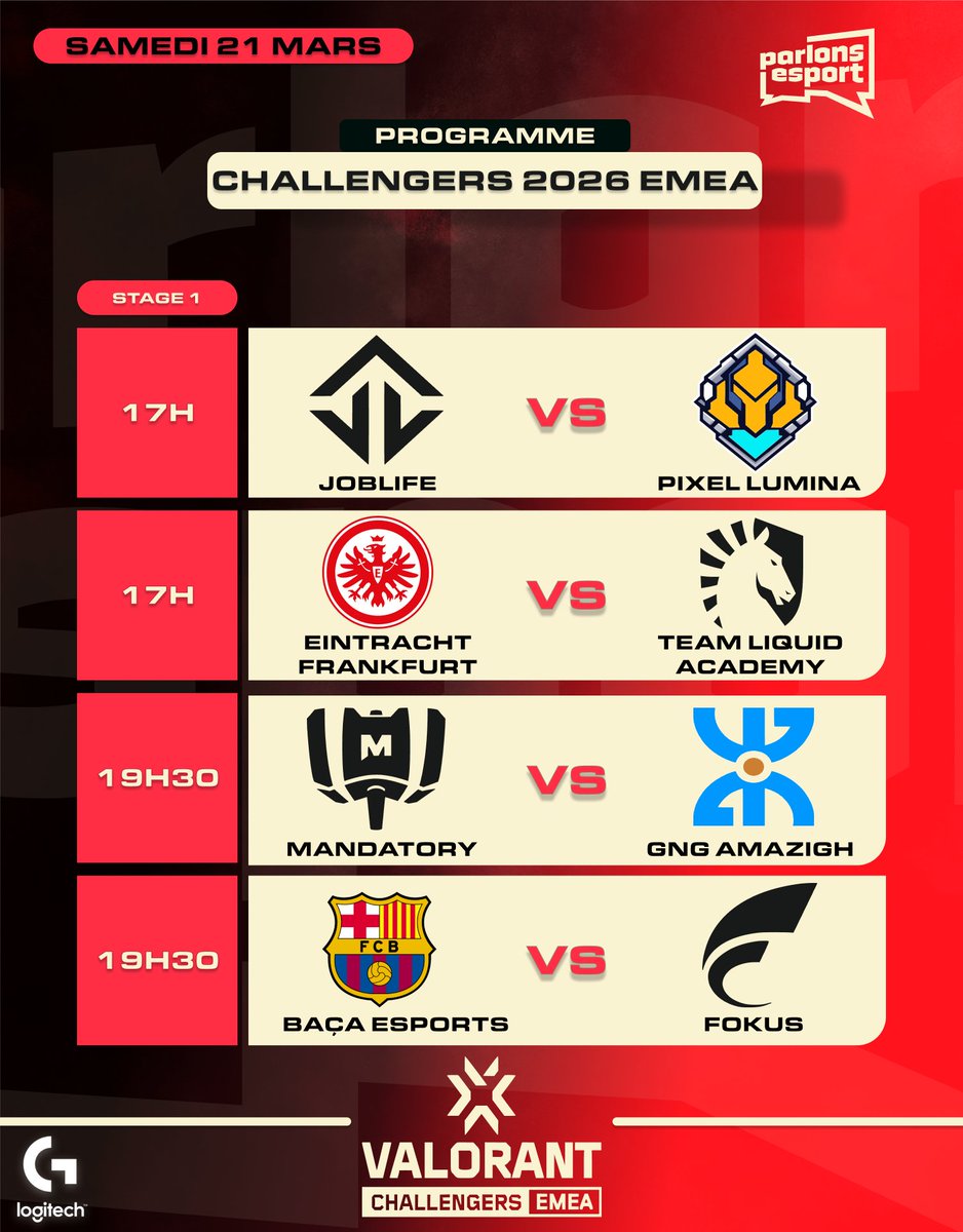 🔴| Valorant Challengers 2026 EMEA: Stage 1

🗓️ Samedi 21 mars

17h :
<a href="/JoblifeEsport/">Joblife</a>  🆚 <a href="/PixelLumina/">Pixel Lumina</a> 
<a href="/EintrachtValo/">Eintracht VALORANT</a> 🆚 <a href="/LiquidValorant/">Team Liquid VALORANT</a> 

19h30 :
<a href="/MandatoryGG/">MANDATORY</a>  🆚 <a href="/SportsGng/">GnG Esports</a> 
<a href="/FCBeSports/">Barça eSports</a>  🆚 <a href="/FOKUSValorant/">FOKUS VALORANT</a> 

Vous misez sur qui ce soir ? #VALORANT #ChallengersEMEA