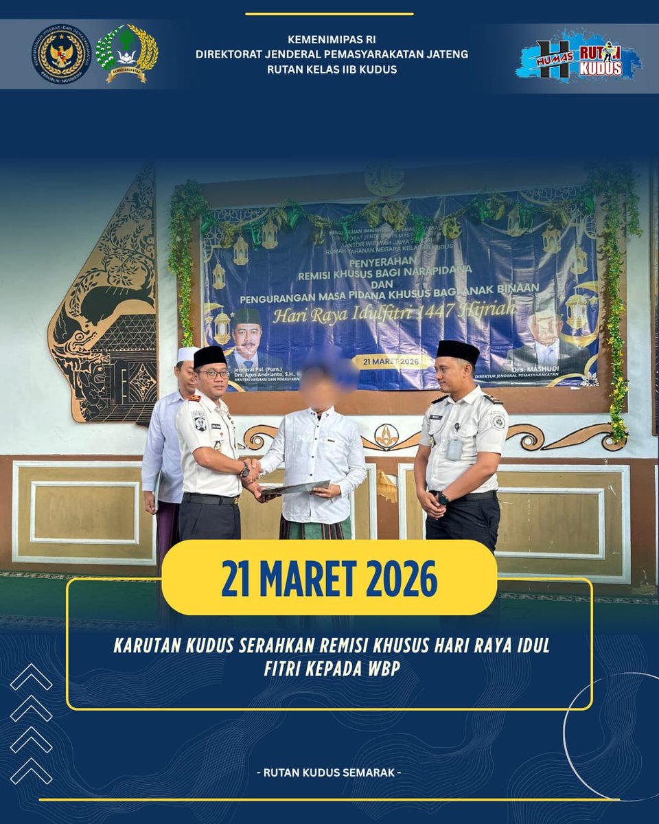 rutankudus's tweet image. KARUTAN KUDUS SERAHKAN REMISI KHUSUS HARI RAYA IDUL FITRI KEPADA WBP

Baca selengkapnya...
instagram.com/p/DWJdPnaEbMj/…

#kemenimipas
#guardandguide
#ditjenpas
#pemasyarakatan
#kanwilditjenpasjateng