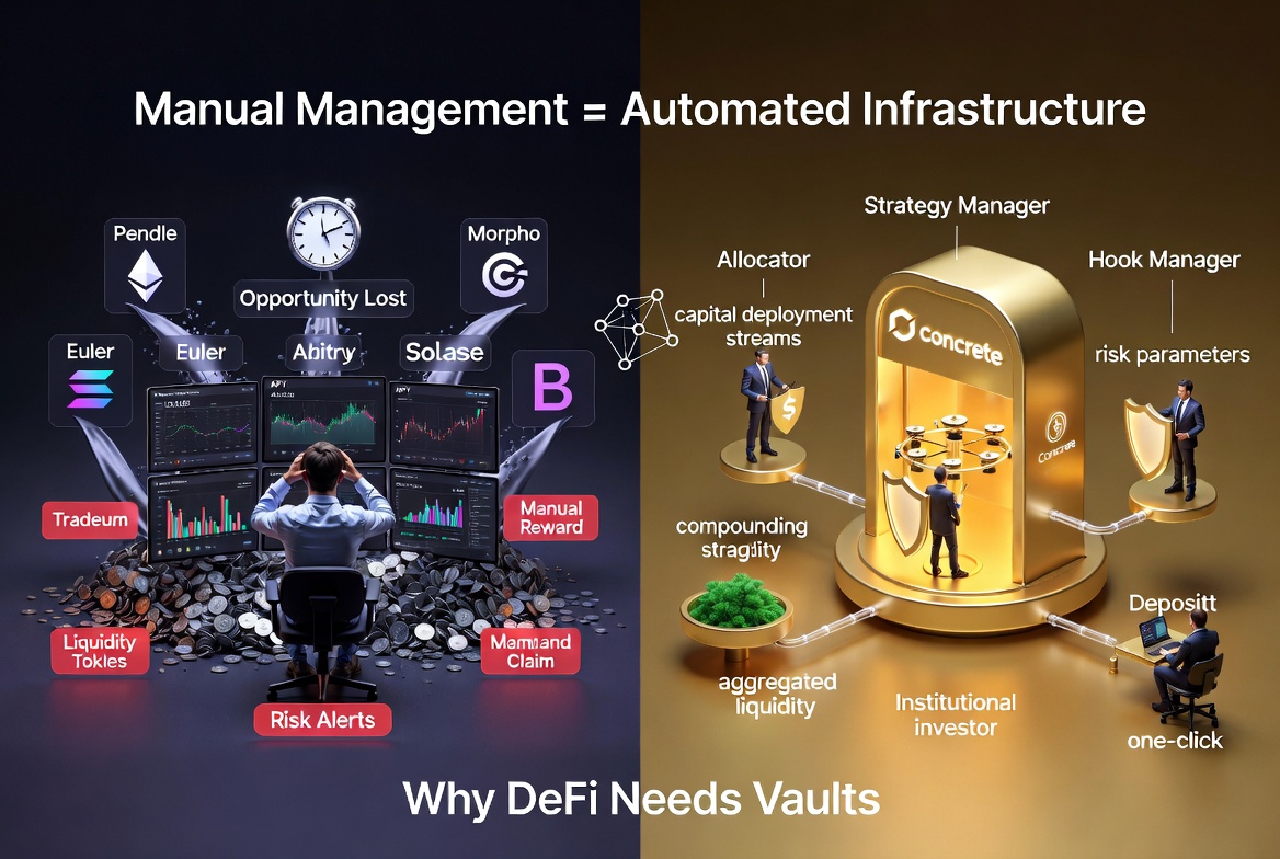 Why DeFi Needs Vault Infrastructure?
DeFi exploded into hundreds of protocols across 50+ chains.Yields shift hourly. Strategies multiply daily. Users must monitor dashboards 24/7 just to keep capital productive.Manual management doesn’t scale. app.concrete.xyz <a href="/ConcreteXYZ/">Concrete</a>