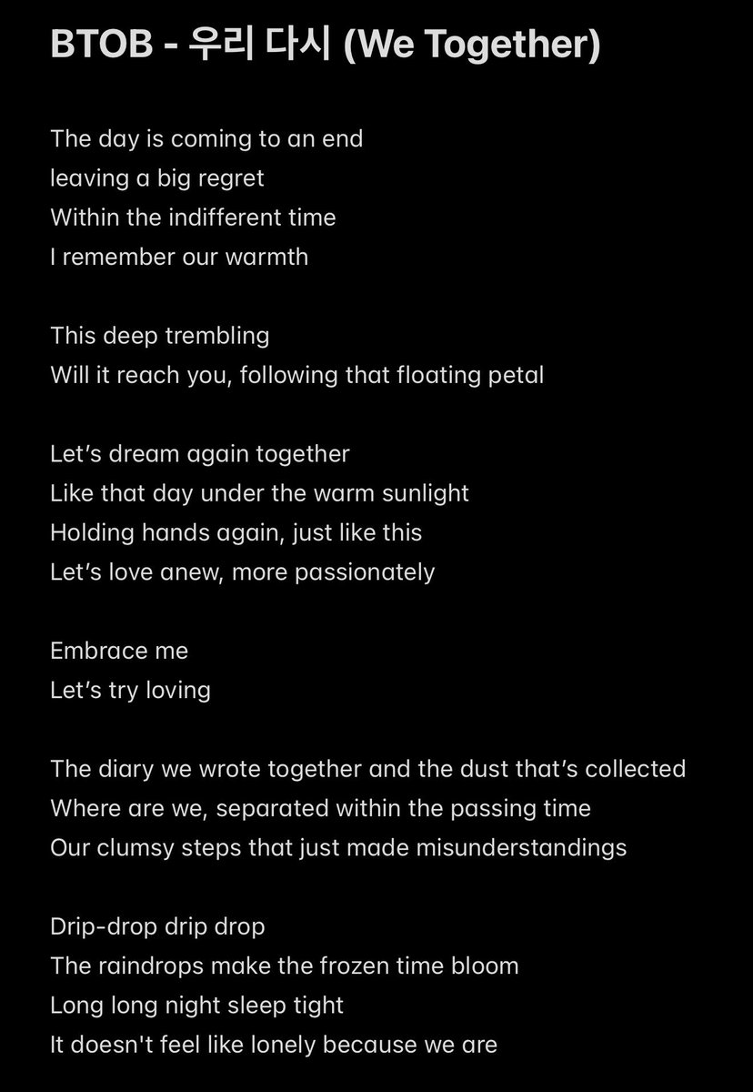 jjellybeans_'s tweet photo. [english translation] BTOB - 우리 다시 (We Together) lyrics

💙🥺💙 https://t.co/Tl0W9Sh52Z