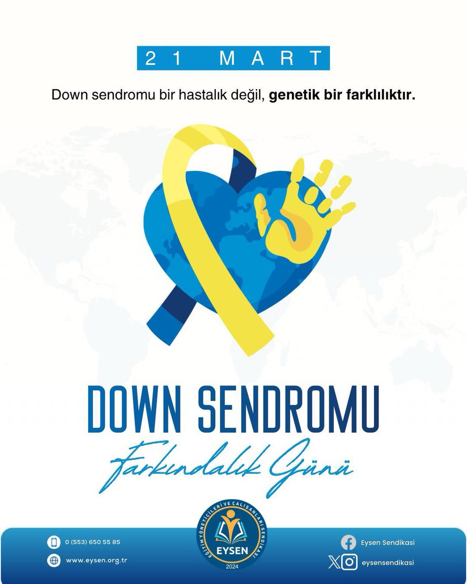 eysensendikasi's tweet photo. 💙 Farklılık değil, zenginliktir…

Dünya Down Sendromu Farkındalık Günü vesilesiyle; sevginin, sabrın ve içtenliğin en güzel yansıması olan Down sendromlu bireylerimizin her zaman yanındayız.

Eğitim, herkes için eşit ve erişilebilir olmalıdır. Her bir bireyin potansiyeline ulaşabildiği, kapsayıcı ve adil bir eğitim sistemi en temel hedefimizdir.

Eğitim Yöneticileri ve Çalışanları Sendikası (EYSEN) olarak; farklılıklarıyla hayatımıza değer katan tüm bireylerin hak ettikleri saygıyı, sevgiyi ve fırsat eşitliğini görmesi için mücadelemizi sürdürüyoruz.

🧦 Farkındayız, birlikte güçlüyüz.
💙 Engelleri birlikte aşalım!