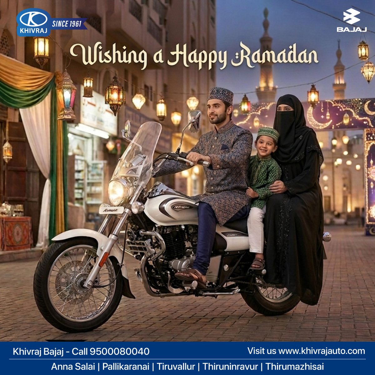 KHIVRAJBAJAJ's tweet image. Ramadan Mubarak from Bajaj Auto!
May this sacred month bring you peace, prosperity, and endless blessings.
👉Visit: khivrajbajaj.com
#khivrajbajaj #PulsarPower #RideLikeABoss #BajajPulsar #DefinitelyDaring #ridepulsar #PulsarFamily #streetrider #DuniyaDekhtiHaiTuDikha