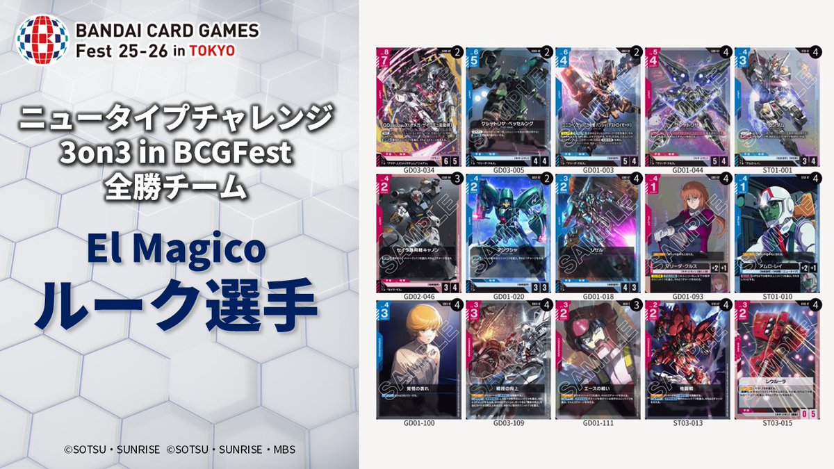 【イベント情報】
『ニュータイプチャレンジ 3on3 in BCGFest』
全勝チーム②のデッキを公開！

チーム名：El Magico
メンバー：紙束選手(青紫デッキ)
　　　　　Ray選手(緑白デッキ)
　　　　　ルーク選手(赤青デッキ)

おめでとうございます📷

#ガンダムカード
#GCG
