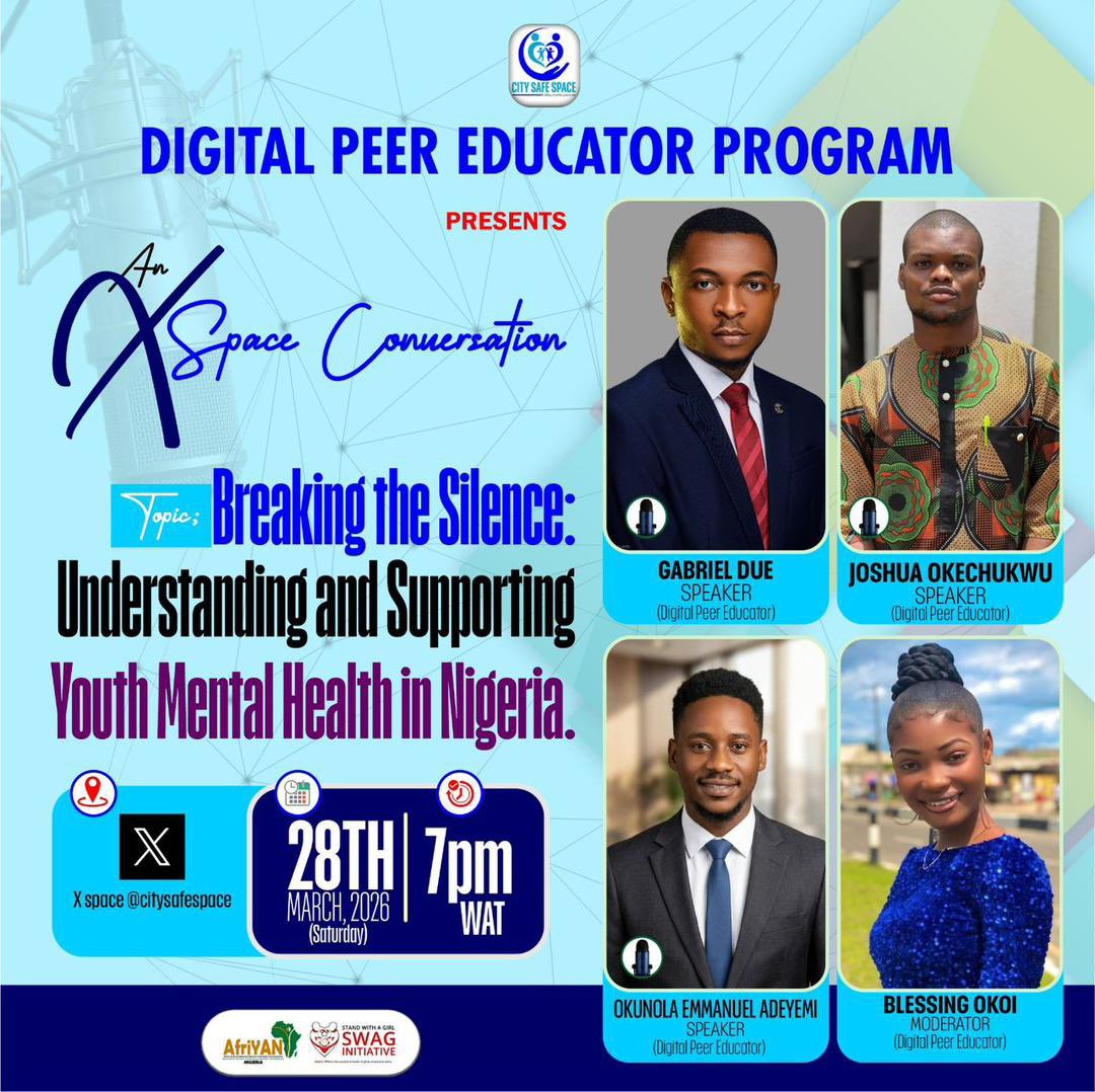 BlessbeckO39339's tweet photo. Join us on the 28th of March for an insightful space here on X, as we lend our voices in breaking the stigma surrounding youth mental health in Nigeria. #mentalhealthmatters #DigitalPeerEducators2026 #CSSDPEProject #DPE2026 https://t.co/84m84vexYe