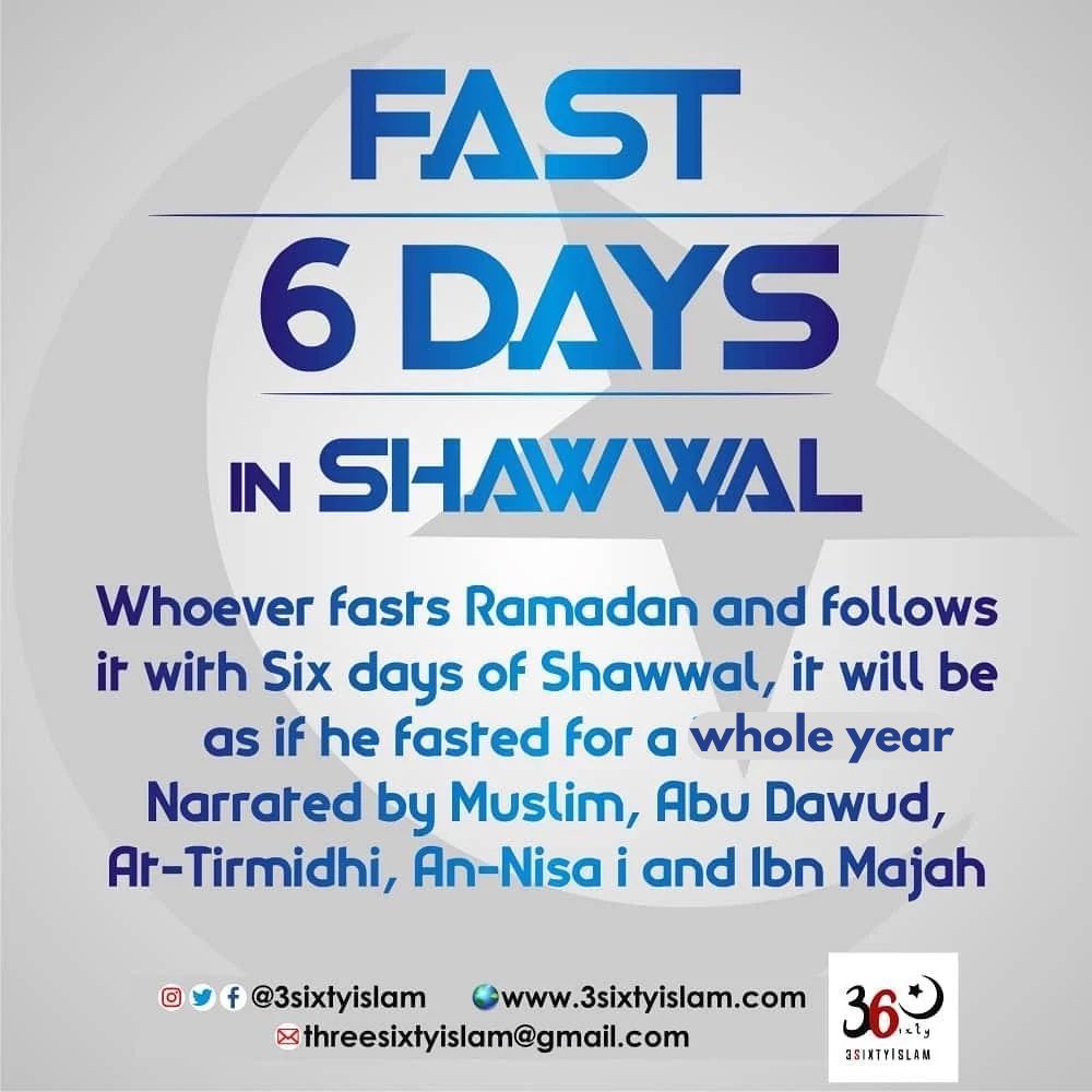 3SixtyIslam's tweet image. FASTING THE 6 DAYS OF SHAWWAL 🤍
Fasting any 6 days in Shawwal (Sitta Shawwal) is a Sunnah of the Prophet ﷺ and carries the reward of fasting for a whole year 
Don’t miss this opportunity to stay connected to Allah 
#3sixtyIslam #ShawwalFasting #SunnahFasting #AfterRamadan