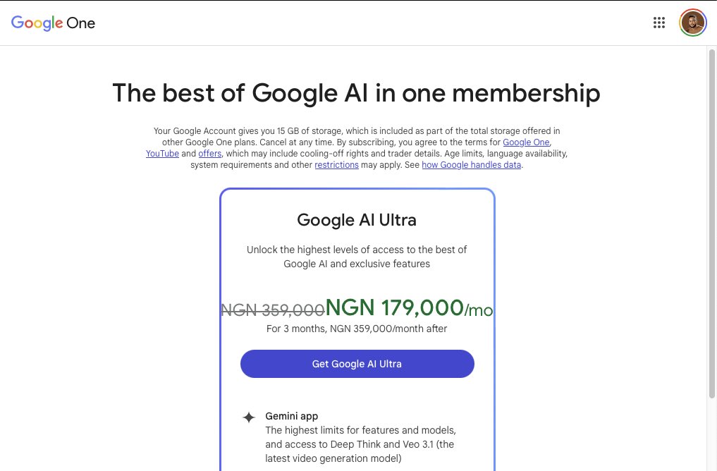 dkuye's tweet photo. In less than 24 hours, I pushed Google’s AI Pro plan to its limits with Antigravity agents. They sent me packing me to buy their AI Utral plan which is N359,000 per month 😂. That’s the price of trying to accomplish in a single week what used to take an entire year.😂 https://t.co/B1qyC4jVqT