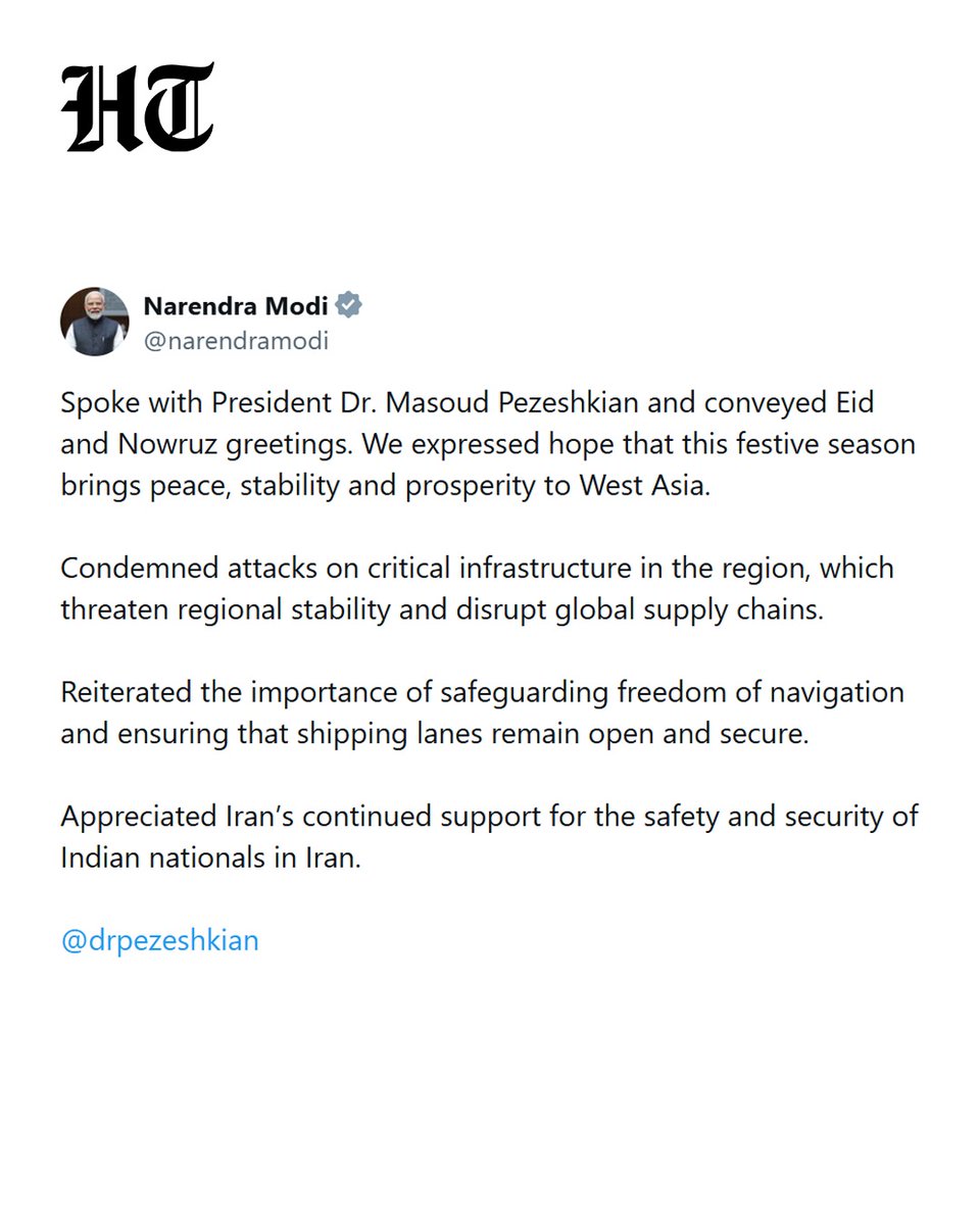 htTweets's tweet photo. #BREAKING | Prime Minister Narendra Modi spoke with Iran’s President Masoud Pezeshkian, conveying greetings on the occasion of Eid and Nowruz while discussing the evolving situation in West Asia.

More details 🔗 https://t.co/NyMO1L98fC https://t.co/1vyzygE9b6