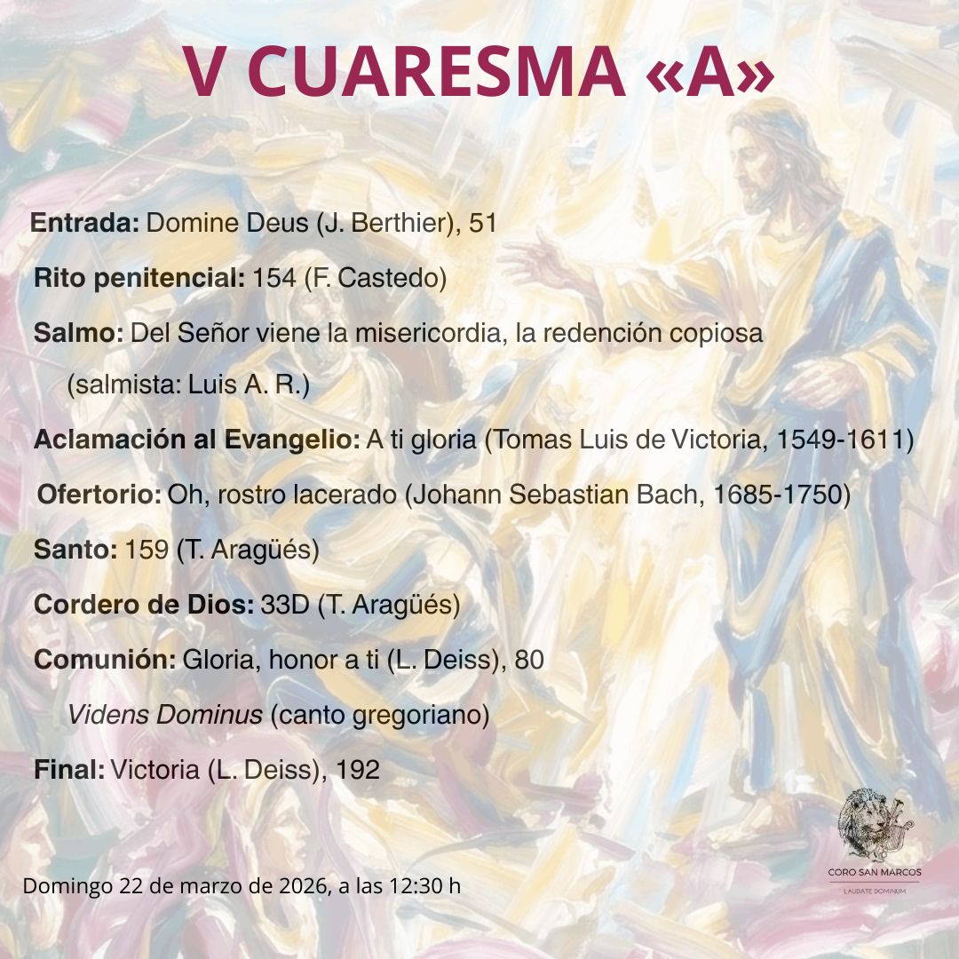 CoroSanMarcos's tweet photo. El quinto domingo de Cuaresma nos habla de la muerte y de la vida. Como a Marta y a María, nos pregunta hoy Jesús cómo afrontamos la muerte, cómo repercute nuestra fe en el modo de acercarnos a la muerte.
⛪ #VenaMisa a
🦁 https://t.co/jjEDSX7Qe2 y
🎶 #cantaconnosotros https://t.co/heicXAiQTR