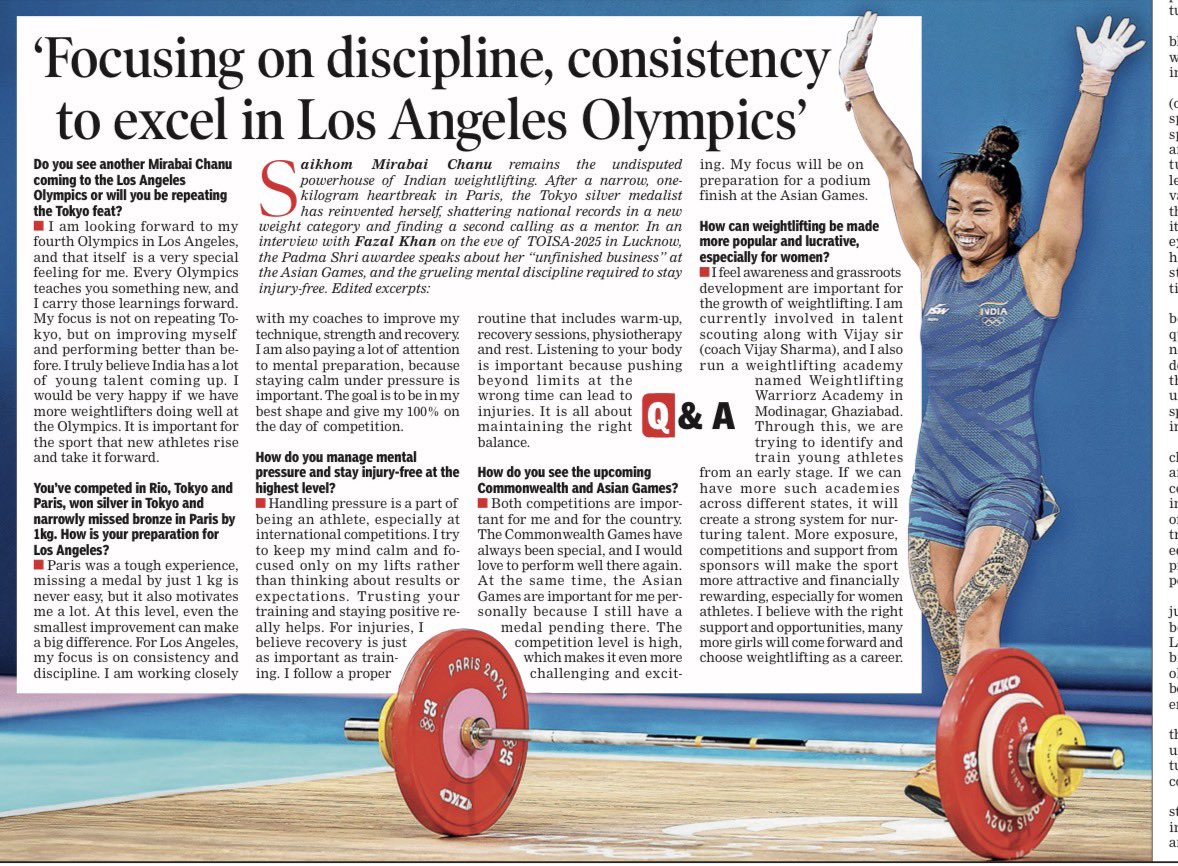 Fazal_scribe's tweet photo. Weightlifter Mirabai Chanu said, “I still have a pending medal in Asian Games and focusing on discipline, consistency to excel in Los Angeles Olympics” #TOISA #MirabaiChanu #AsianGames #losangelesolympics https://t.co/qEvL3XODLJ