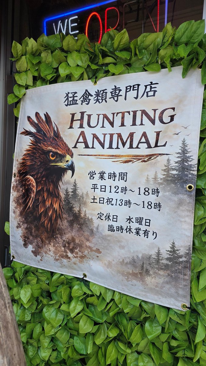 HUNTING ANIMAL は猛禽類専門店で
営業時間は平日12時から18時まで
土日祝は13時から18時までです。
定休日は水曜日で臨時休業あります。
これからもHUNTING ANIMAL 
を何卒宜しくお願い致します🙇‍♂️