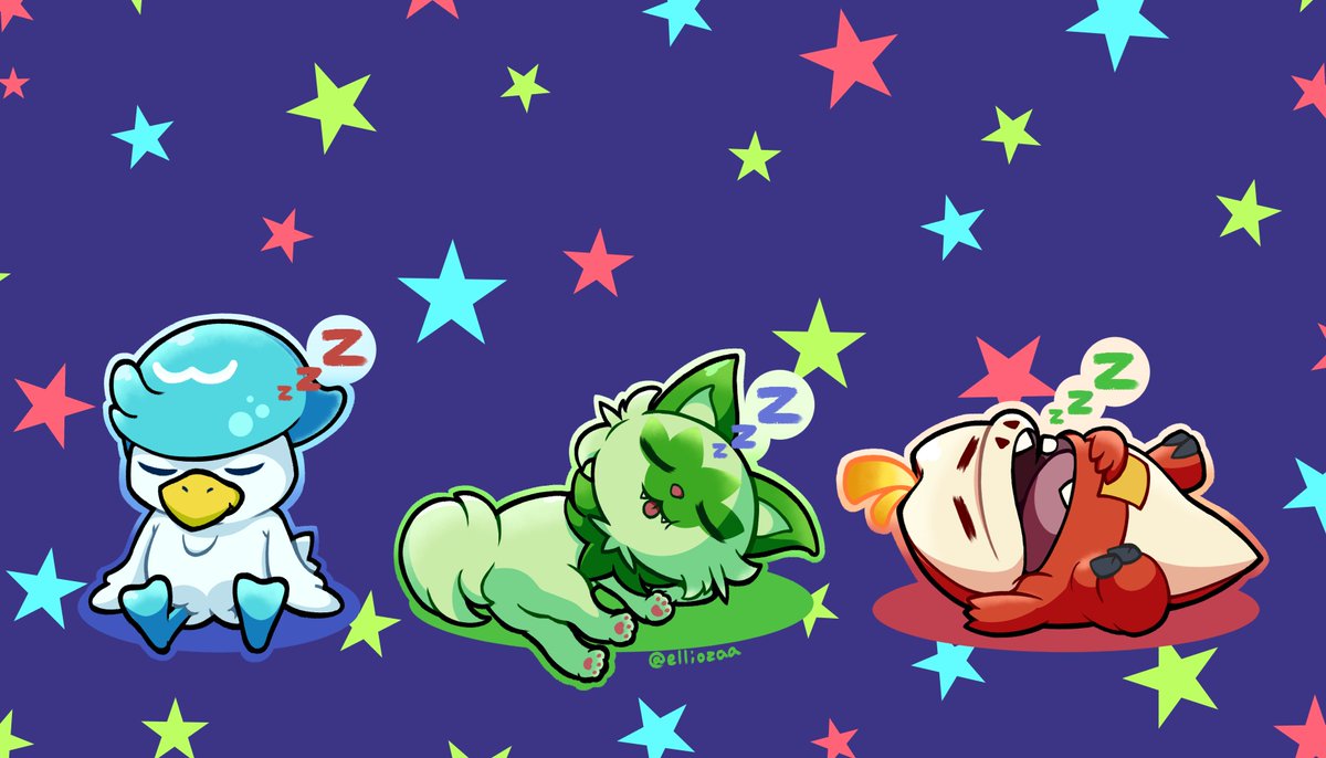 elliozaa's tweet image. Since drawing the gen 10 starters, I decided I'm gonna draw sleepy versions of EVERY set of starters, counting down. So here's the gen 9 starters nappin' it up (:

#pokemonartwork #pokemon #sprigatito #fuecoco #quaxly