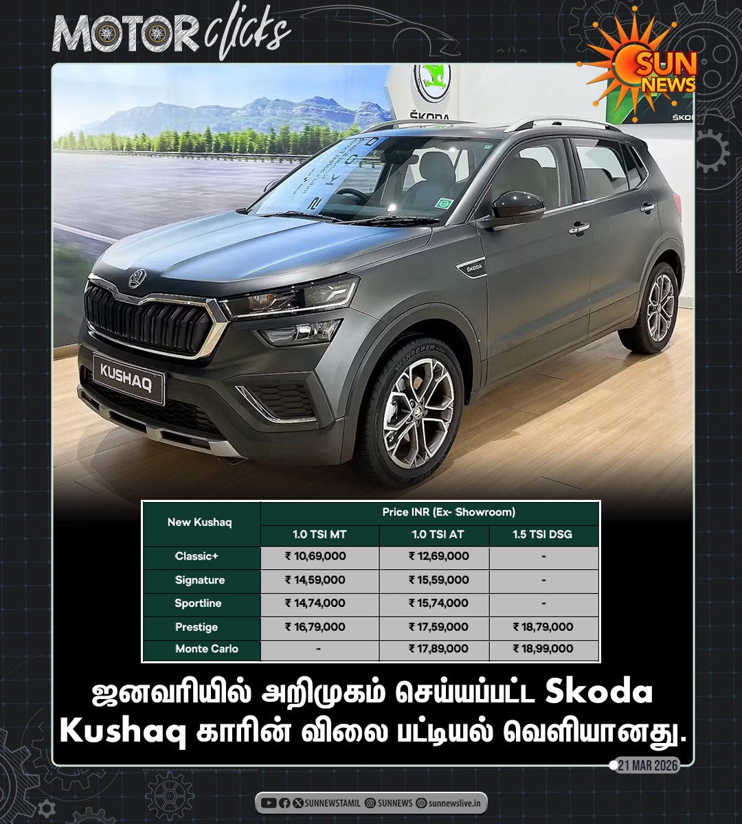 sunnewstamil's tweet photo. #MOTORCLICKS | Skoda Kushaq காரின் விலை பட்டியல்!
#SunNews | #SkodaKushaq | #SunAutoSpot https://t.co/VTZwvIRrwf
