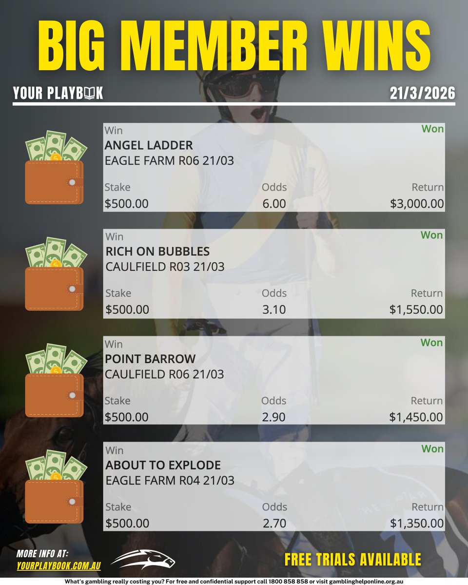 yourplaybookau's tweet photo. Love horse racing and looking to back more winners?
Want to get in on the action? 💥

Grab a FREE TRIAL!
📲 Link in Bio

https://t.co/BvHlhGYFUX https://t.co/nhAnqfpB6w