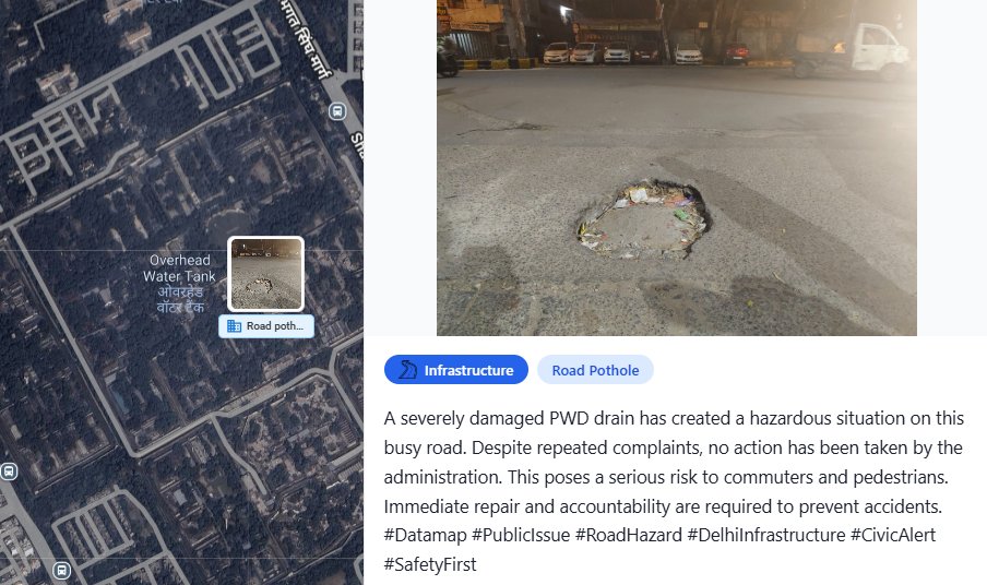 Datamap7777's tweet image. Hari Nagar – Near Hari Nagar Police Station Chowk

Damaged PWD drain ignored despite complaints.
An accident waiting to happen.
Authorities must act NOW.

datamap.co.in/post/40a634b3-…

#Delhi #HariNagar #RoadSafety #FixThis #CivicIssues