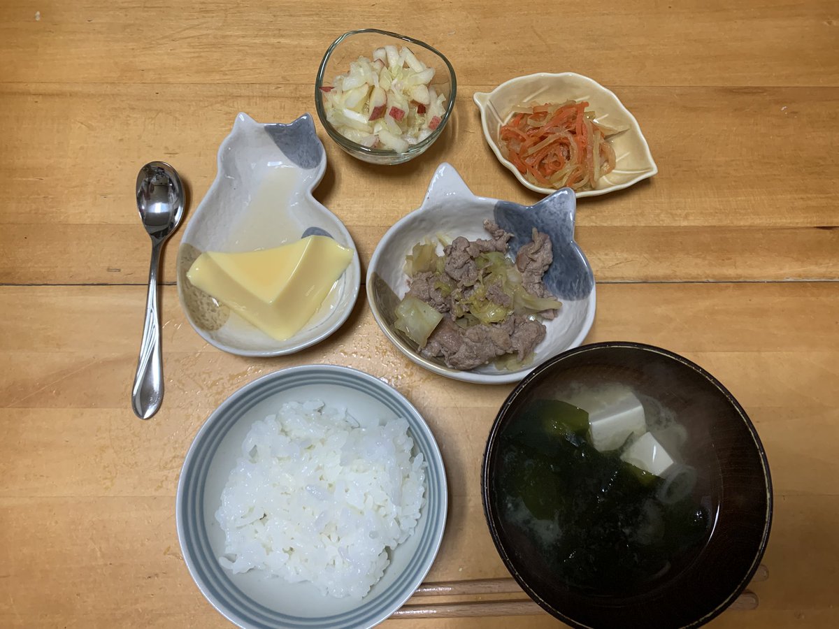 towanyanco's tweet photo. 今日の晩ごはん

☆ごはん
☆豆腐とわかめのお味噌汁
☆りんごとキャベツのシンプルサラダ
☆玉子豆腐(半分)
☆大根と人参のきんぴら
☆キャベツと豚肉のさっぱり炒め
☆バナナ半分

買ったばっかりのアームバンドをカナが持ち逃げする💦
探すのが大変だからやめて頂きたい💦 https://t.co/gAJq6VTizC