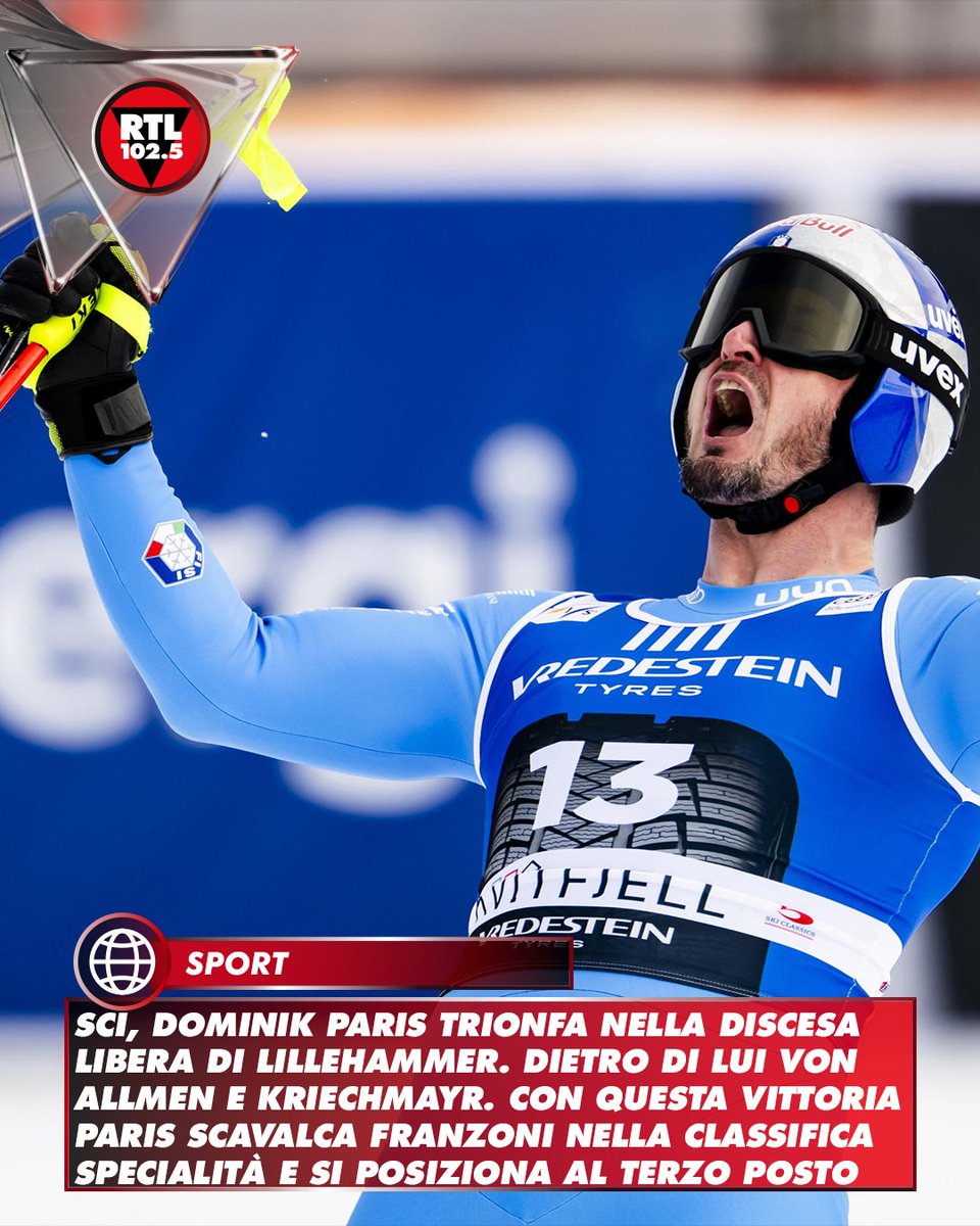 rtl1025's tweet image. ⛷️ L’azzurro Dominik #Paris conquista l’ultima discesa della stagione di #CoppadelMondo di #Sci sulla pista olimpica di #Kvitfjell, chiudendo in 1:45.37. Per il veterano italiano è la settima vittoria su questa pista, la 25ª in carriera e soprattutto la 20ª in discesa libera,