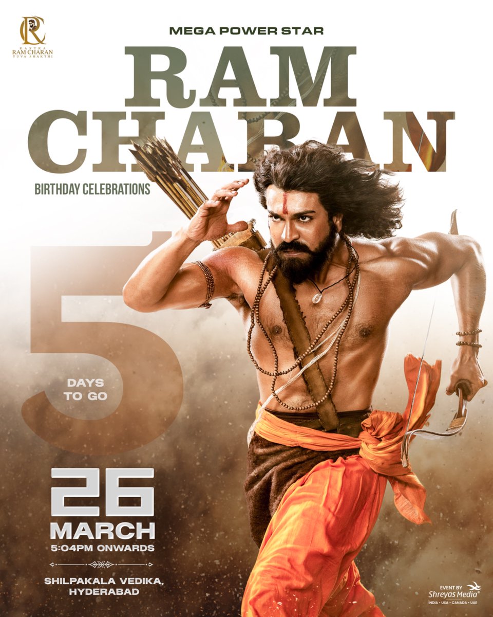 shreyasmedia's tweet image. 5️⃣Days to go for The Mega Power Celebrations 🔥

Get ready to witness the massive celebrations of Mega Power Star #RamCharan birthday ❤️‍🔥

Book passes here!🎟️ shreyas.media/r

🗓️ 26th March, 5:04PM Onwards
📍 Shilpakala Vedika, Hyderabad 

#5DaysToGo #RamCharanBirthday