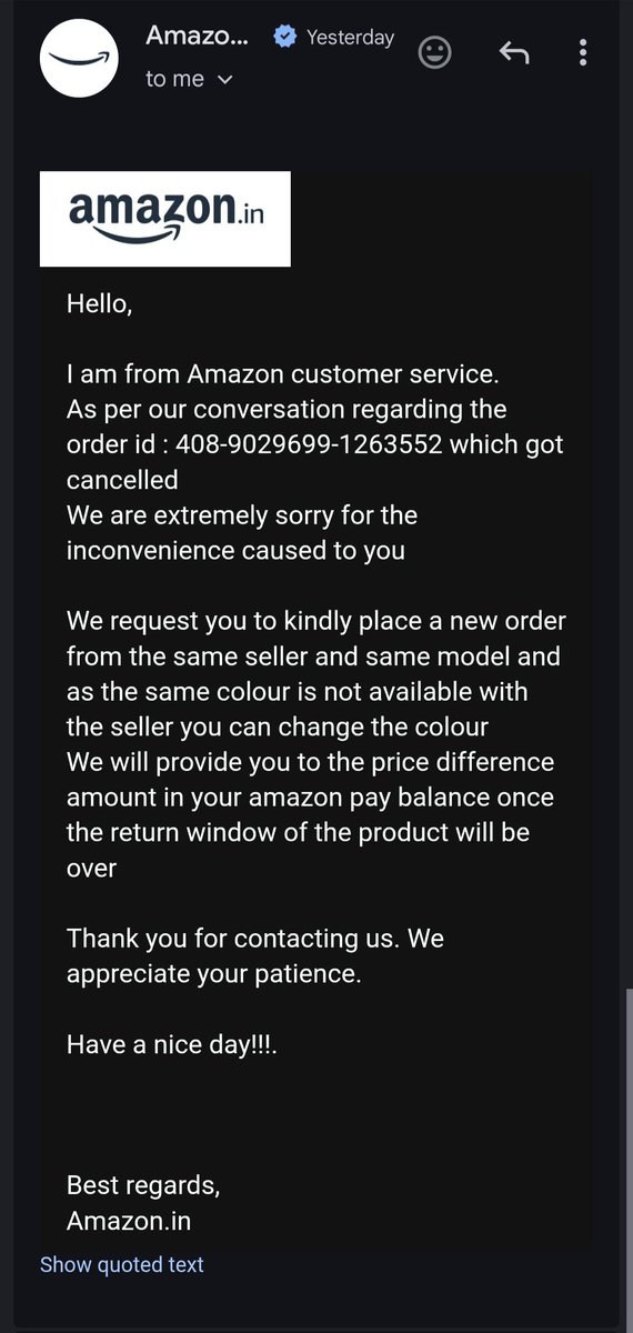 Naruto_0005's tweet photo. @AmazonHelp Hey @AmazonHelp @amazonIN
I recently had an order (ID: 408- 9029699-1263552) cancelled, and your customer service advised me to place a new order with a different colour if the original one isn't available. https://t.co/8S1VUTeVAK