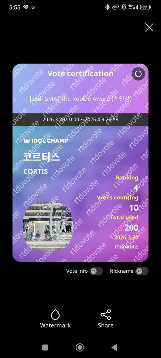 rtdovote's tweet photo. RT DEAL COMPLETED 🎉
Congrats! 200 ❤ for #CORTIS on Idol Champ - SMA Rookie Award
Thank you all for participating~ 🫶
#rtdo_proofs https://t.co/PO8TUPtWdA