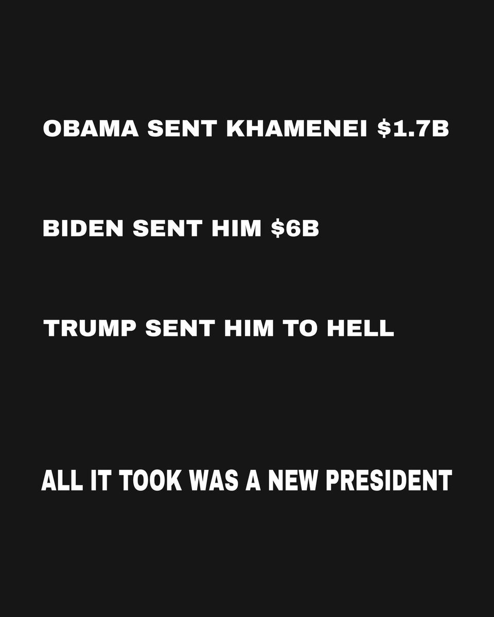 CreasonJana's tweet photo. Never forget!

Obama sent Khamenei $1.7B.

Biden sent Khamemei $6B.

Trump sent Khamemei to Hell, without his virgins!

All Presidents before Trump just beat their chest and did nothing about Iran! https://t.co/Q4eZkzdxgJ