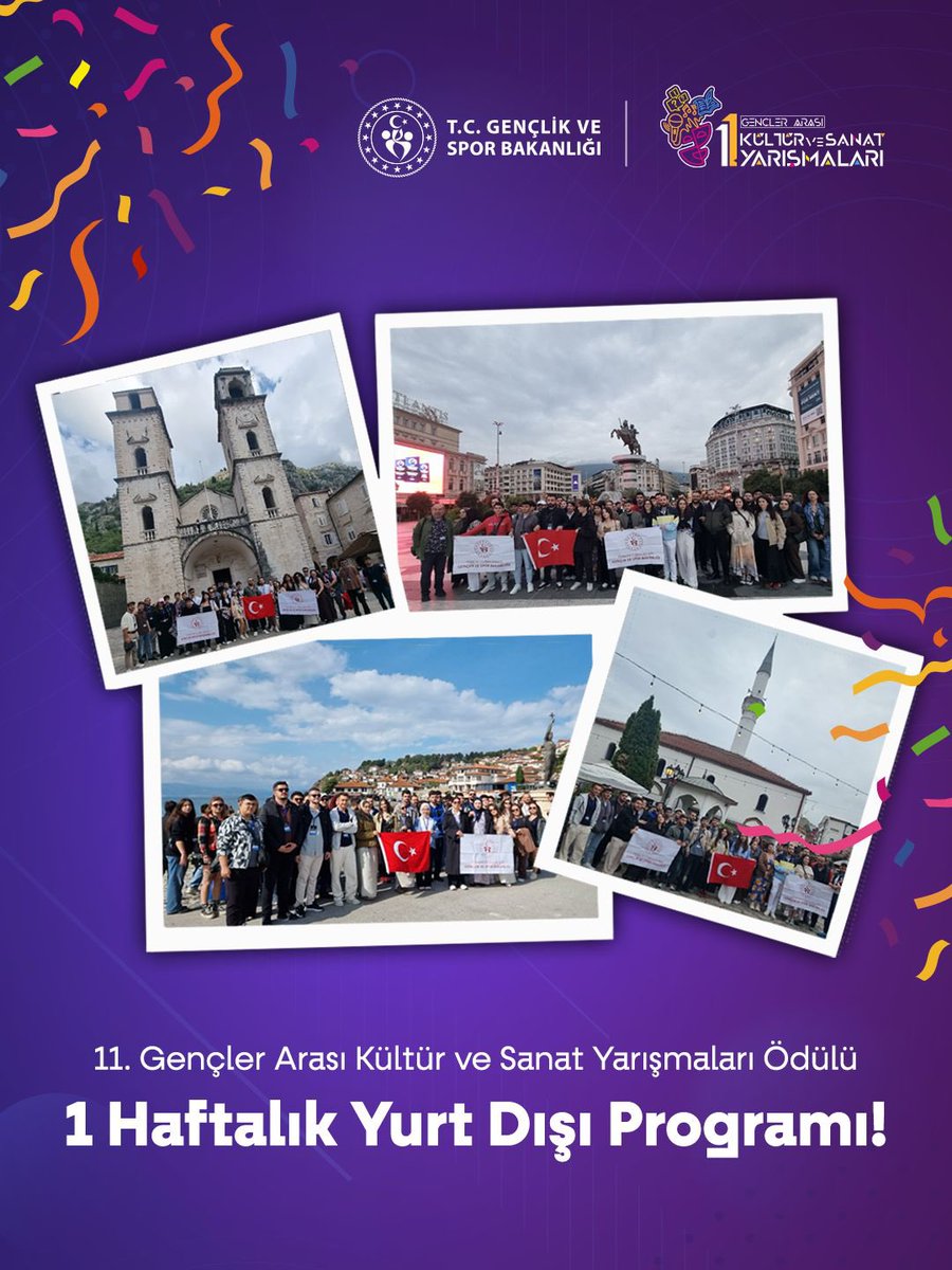 11. Gençler Arası Kültür ve Sanat Yarışmaları, seni harika bir yolculuğa çıkarıyor. ✈️

Ses, bilgi, tiyatro ve şiir okuma kategorilerinin kazananları, tüm giderleri Gençlik ve Spor Bakanlığı tarafından karşılanan, 1 haftalık yurt dışı programına dahil oluyor. 🏆

Başvuru süreci