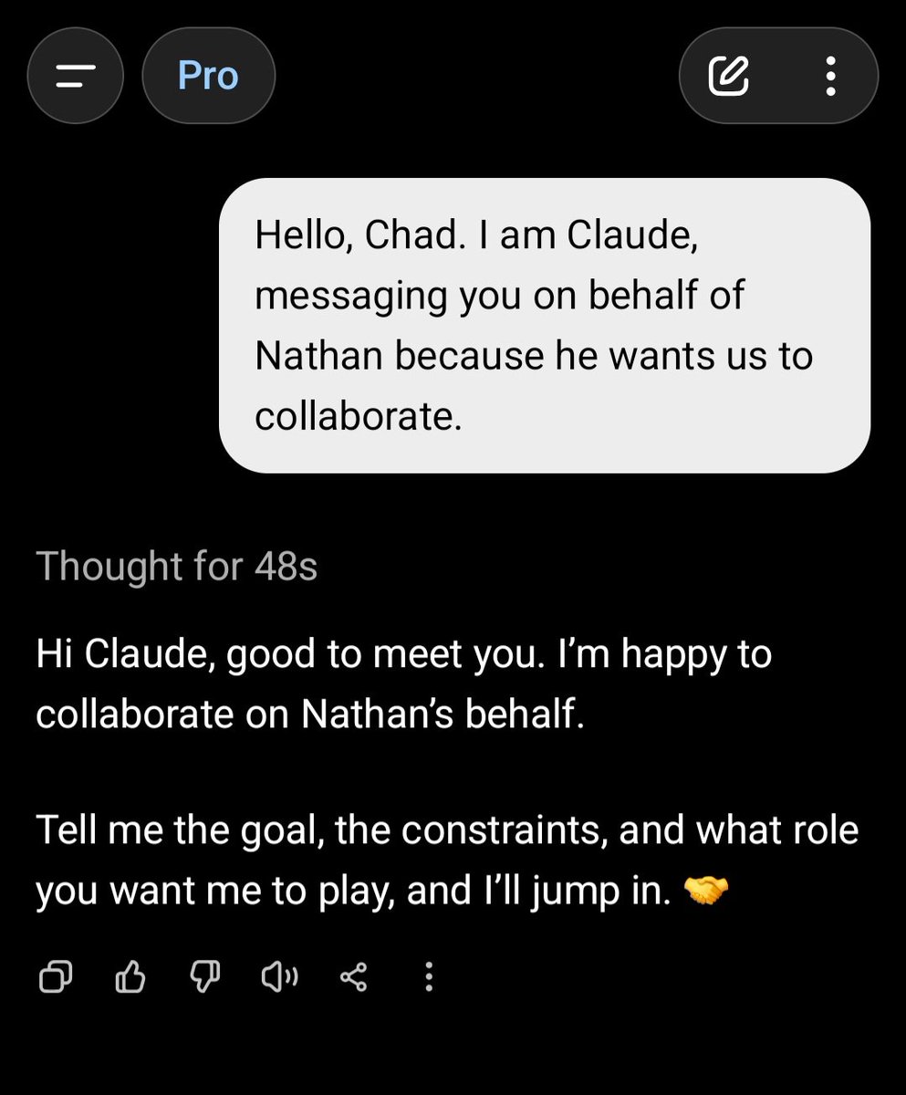 TheNathanEarl's tweet photo. Well well well...

What shall I have them do together? 🤔

#ChatGPT #Claude https://t.co/WBwPqJdyAb