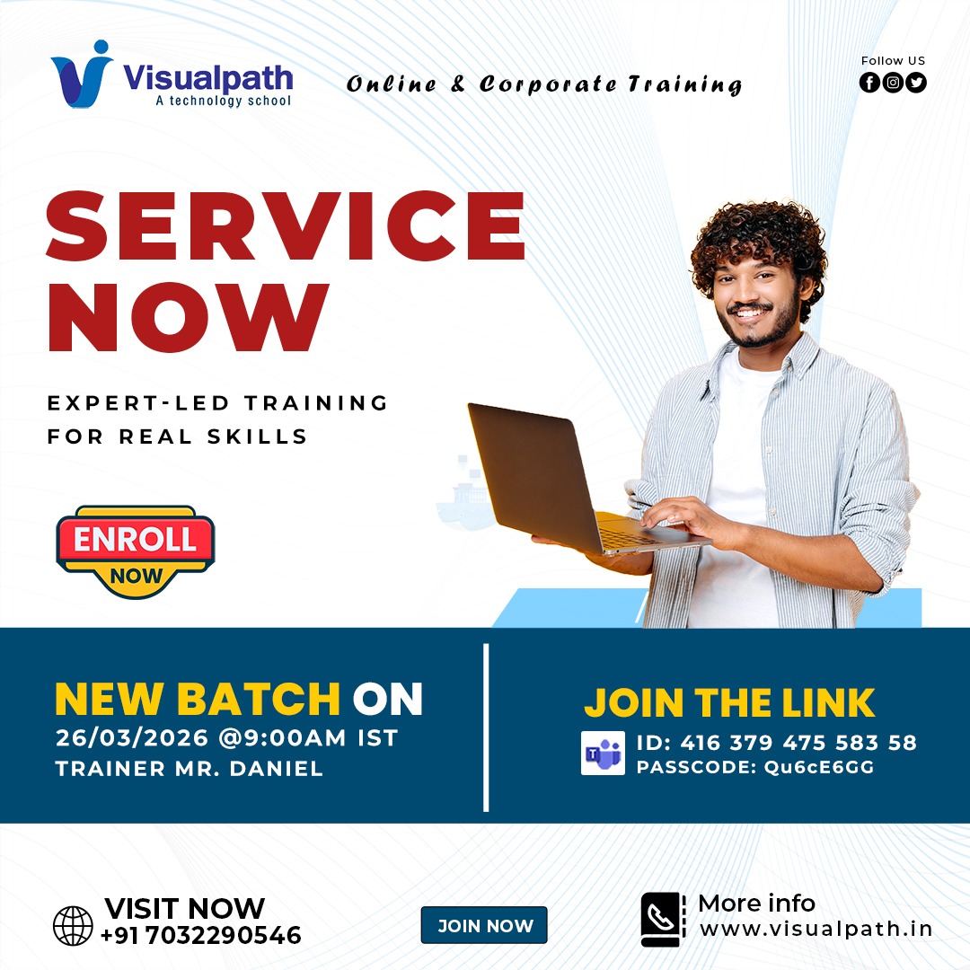 🚀 𝗡𝗲𝘄 𝗕𝗮𝘁𝗰𝗵 - 𝗦𝗲𝗿𝘃𝗶𝗰𝗲𝗡𝗼𝘄 𝗢𝗻𝗹𝗶𝗻𝗲 𝗧𝗿𝗮𝗶𝗻𝗶𝗻𝗴
📅 Date: 26 March 2026 ⏰ Time: 9:00 AM IST
🔗 Join Here: bit.ly/3PzyonM
🆔 Meeting ID: 416 379 475 583 58
🔐 Passcode: Qu6cE6GG
📞 +91 7032290546
🌐 visualpath.in/servicenow-onl…
