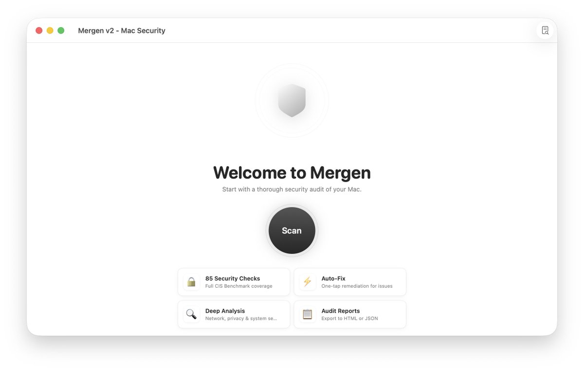 belleveben's tweet photo. After 3 years, I just shipped Mergen v2 🛡️

Open-source macOS security audit tool. 85 CIS Benchmark checks, auto-fix, native SwiftUI app + Go CLI.

It doesn't just tell you your firewall is off. It turns it on this time.🔥

https://t.co/EUZgsx1QIJ https://t.co/28PZ1lQdy4