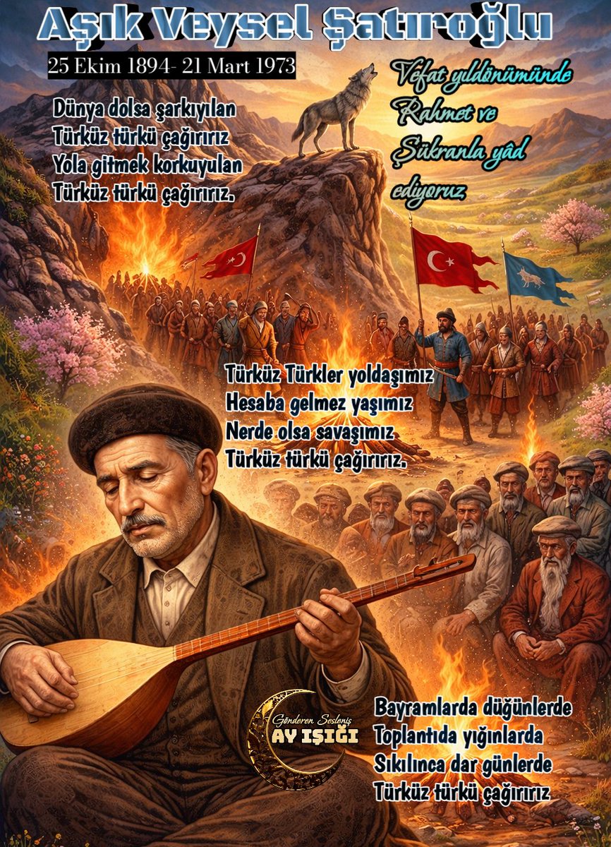 İnler Veysel arı gibi
Bülbüllerin zarı gibi
Turnalar katarı gibi
Türküz türkü çağırırız.

Aşık Veysel Şatıroğlu
 ( 1894 - 1973 )
Vefat yıldönümünde Rahmet ve Şükranla yâd ediyoruz