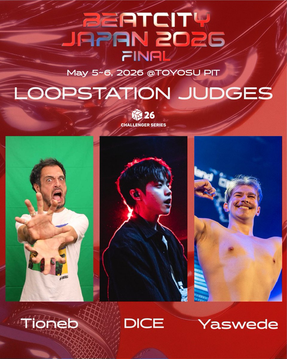 BEATCITYJAPAN's tweet image. Meet our judges for【LOOPSTATION Category】
本戦LOOPSTATIONジャッジ発表🔥

👤Tioneb🇫🇷

👤DICE🇰🇷

👤Yaswede🇧🇪

◆BEATCITY JAPAN 2026 FINAL
📍 TOYOSU PIT
🗓️ 5/5・5/6
🎫チケット販売中⬇️
🔗：w.pia.jp/t/beatcityjapa…

#beatcityjapan
#beatbox
#bbx
#bcj26
#体内楽器在中