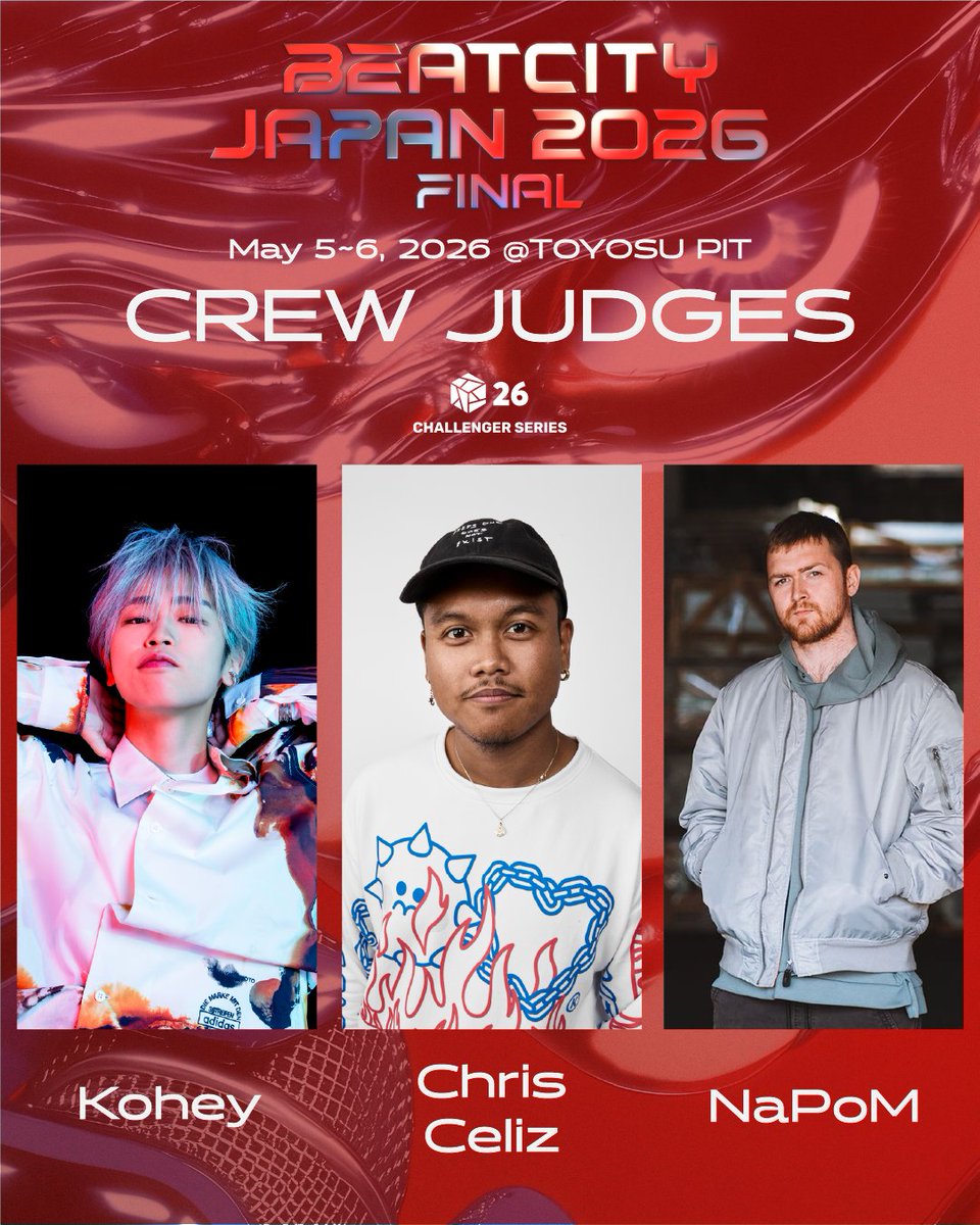 BEATCITYJAPAN's tweet image. Meet our judges for【CREW Category】
本戦CREWジャッジ発表🔥

👤Kohey🇯🇵

👤Chris Celiz🇺🇸

👤NaPoM🇺🇸

◆BEATCITY JAPAN 2026 FINAL
📍 TOYOSU PIT
🗓️ 5/5・5/6
🎫チケット販売中⬇️
🔗：w.pia.jp/t/beatcityjapa…

#beatcityjapan
#beatbox
#bbx
#bcj26
#体内楽器在中