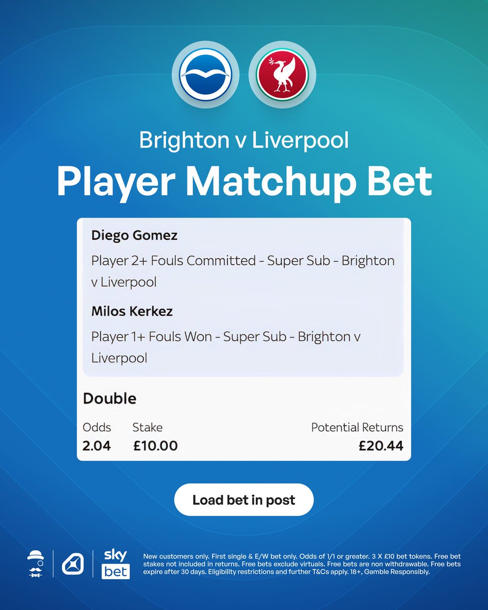 AndyRobsonTips's tweet photo. ⚔️ Brighton v Liverpool - Player Matchup

Load bet: https://t.co/sNxNcBu6VK

I'll share the research notes below. 👇🏼

1️⃣ Diego Gomez 2+ Fouls Committed:

Diego Gomez is a player who frequently draws the attention of referees, and I would expect that to be the case when Brighton host Liverpool on Saturday. 

The Paraguayan has been a consistent offender in the Premier League this season, averaging 2.04 fouls per game. That figure has crept up in recent weeks, with Gomez conceding 3, 2, 4 and 4 fouls across his last 4 outings.

Gomez ranks fourth of all Premier League players for total fouls committed this term, only behind Joao Gomes, Igor Thiago and Elliot Anderson.

What’s more, the 22-year-old has picked up a yellow card in each of his previous 2 appearances, taking his total to a sizeable 8 cautions in 27 Premier League games for the Seagulls this season. 

The fact that Gomez committed 2 fouls against Liverpool in this season’s reverse fixture only adds to the appeal of backing him to do so again on Saturday.

2️⃣ Milos Kerkez 1+ Fouls Won:

Milos Kerkez has drawn 23 fouls in 27 appearances in the Premier League this season (1.06 per 90).

The Hungarian is currently on a run of winning fouls having drawn at least one in 10 of his last 11 matches in all competitions.

In his last four games, Kerkez has been fouled twice, including both legs of Liverpool’s Champions League tie against Galatasaray.

The ex-Bournemouth full-back is growing in confidence as a Liverpool player, with Kerkez picking up an assist in his last meeting with Brighton in the FA Cup last month.

Kerkez has been fouled in both of Liverpool’s matches against Brighton this season, once in the Premier League and twice in the FA Cup.

18+, gamble responsibly