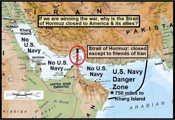 TRUMP: "I think we've won, we've knocked out their navy, their air force, we're roaming free, Iran are clogging up the 'Straits of Hormuz' - from a military standpoint Iran are FINISHED".
[As long as the Strait of Hormuz is closed, we are LOSING, and the world is being thrown