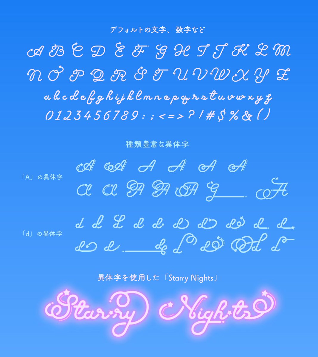 💿アイドルCDにも採用✨
「Fancy Star Script」

レトロ×シティポップな
可愛すぎる筆記体

異体字17種で
ニュアンス自在に表現

ロゴ・MV・ZINEにおすすめ👇
designpocket.jp/static/font/br…