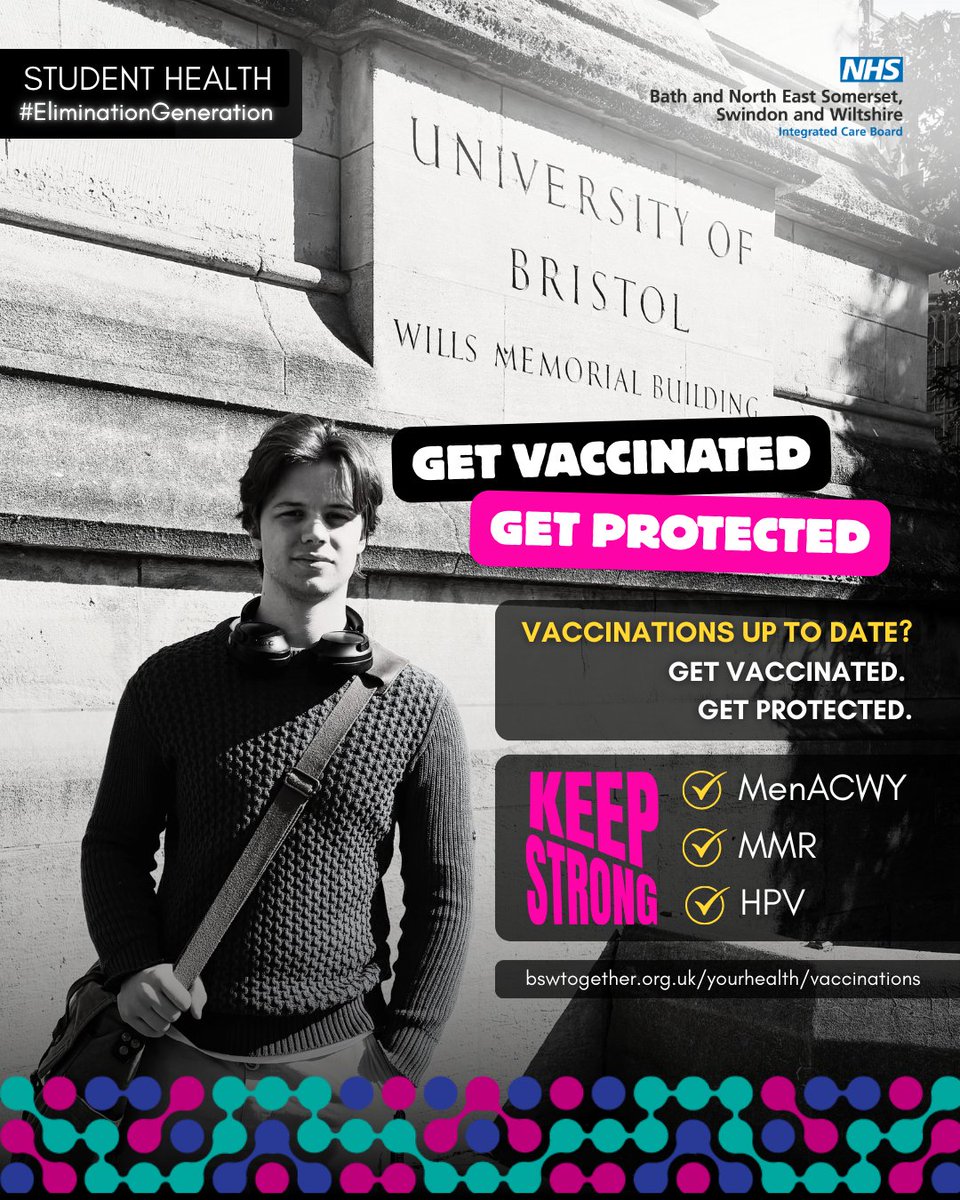 NHSBSWICB's tweet image. We’re reminding students to make sure they are protected.

We’re advising those who missed out on vaccinations during childhood that catch-up vaccines can be given at any age

bit.ly/4dv5ZJt

#EliminationGeneration #KeepStrong