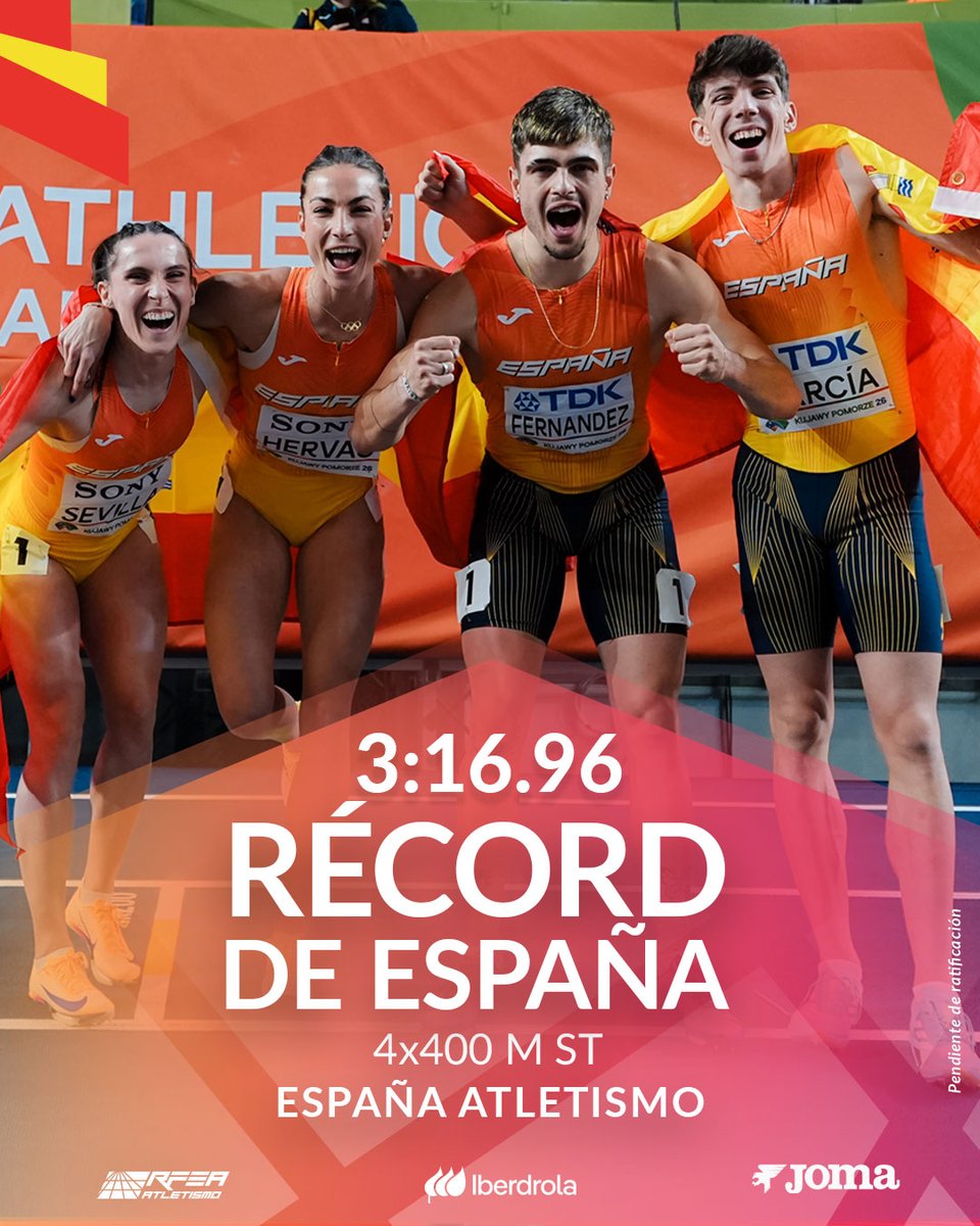 𝗛𝗜𝗦𝗧𝗢́𝗥𝗜𝗖𝗔 𝗣𝗟𝗔𝗧𝗔 𝗠𝗨𝗡𝗗𝗜𝗔𝗟 ‼️

#EspañaAtletismo 🇪🇸 SUBCAMPEONA DEL MUNDO

🥈 Relevo Mixto 4x400 m  
3⃣:1⃣6⃣.9⃣6⃣ Récord de España

Los cuatro GRANDES PROTAGONISTAS 👇
<a href="/markelsope1/">Markel Fernández Soto</a>  🤝 <a href="/paulasevilla7/">Paula Sevilla</a> 🤝 <a href="/davgarzur/">davidzuriita</a> 🤝Blanca Hervás 

👏👏👏👏

 #WorldIndoorChamps